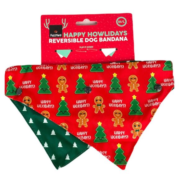 FuzzYard Christmas Trees & Gingerbread Men Reversible Bandana Red Green Size M/L - Picture 8 of 8